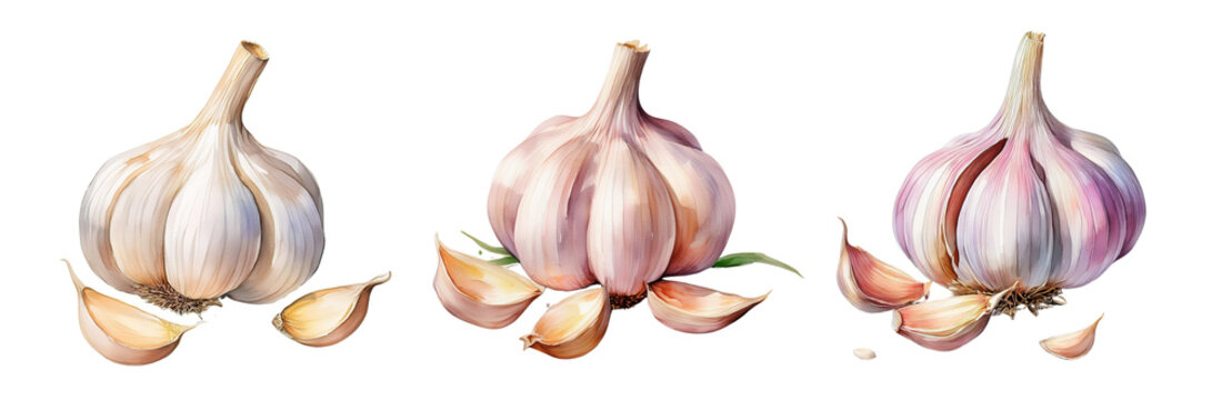 Illustration of three garlic bulbs with several cloves, showcasing their natural colors and textures against a white background.