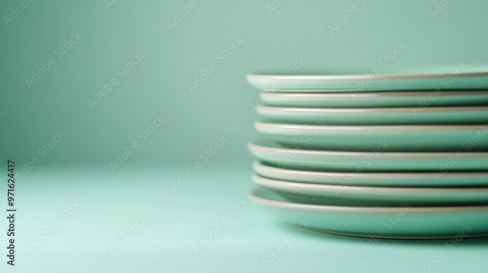Poster a stack of light green plates arranged neatly on a soft-colored background.