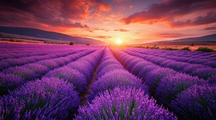 A vibrant lavender field under a colorful sunset sky.