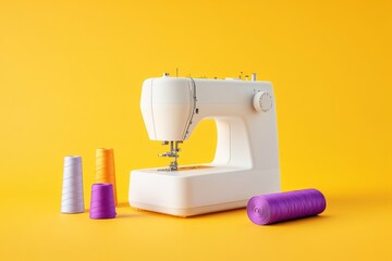 Bright Sewing Machine With Colorful Threads on a Vibrant Yellow Background for Craft Enthusiasts