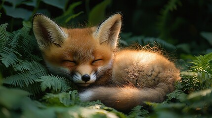   A close-up of a baby fox resting on a lush green field with a nearby pile of leaves