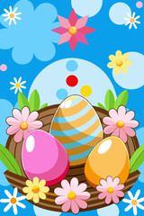 Colorful Easter Eggs in Nest with Floral Accents, Whimsical Spring Design