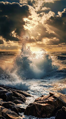 Obraz premium Dramatic waves crashing against rocky shore under cloudy sky