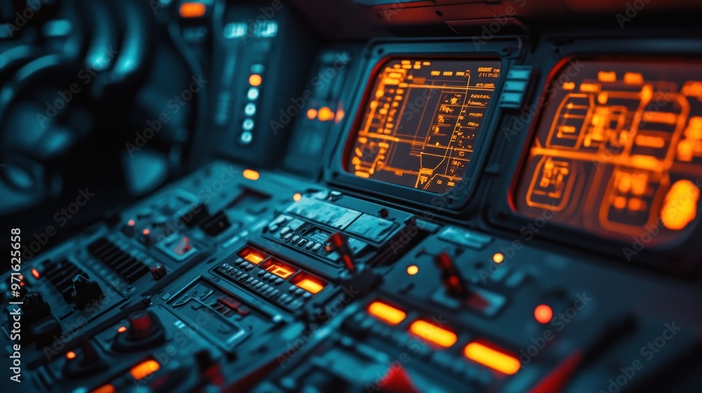 Aufkleber control panel with glowing screens and buttons, likely for a spacecraft or advanced technology.