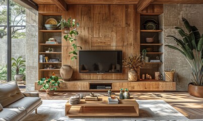 minimalist and elegant entertainment center made of thick oak wood panels, with a TV in the center, storage space with beautiful decoration, books, vases and more objects