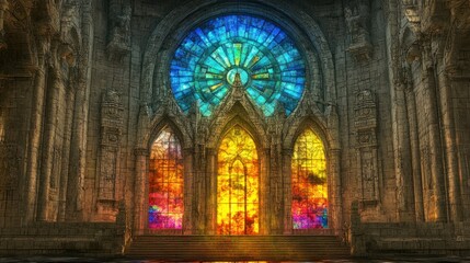 Obraz premium Stone Cathedral with Colorful Stained Glass Windows