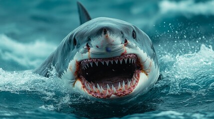 Fototapeta premium Jaws. A large, ferocious shark emerges powerfully from tumultuous ocean waves.