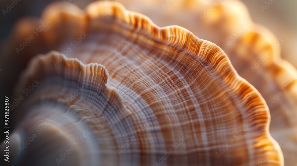 Poster a close-up view of a beautifully patterned seashell showcasing intricate lines and colors.