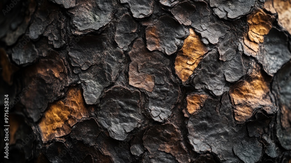 Poster close-up of textured tree bark with dark and light patches.