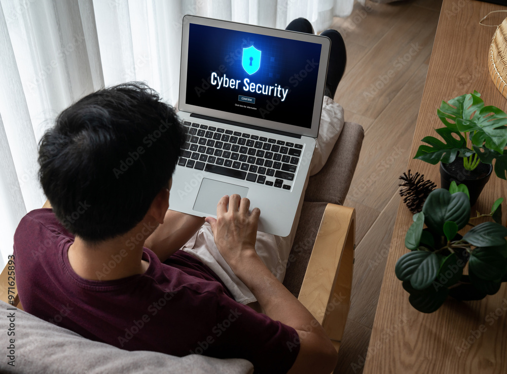 Poster cyber security system on computer screen protect private information snugly from hacker and cyber at