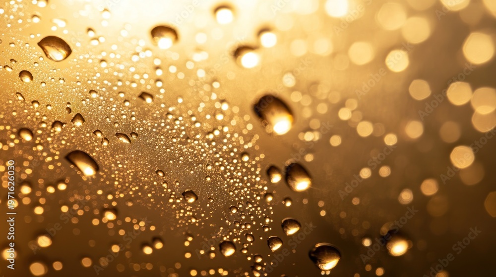Poster close-up of water droplets on a golden surface, creating a shimmering effect.