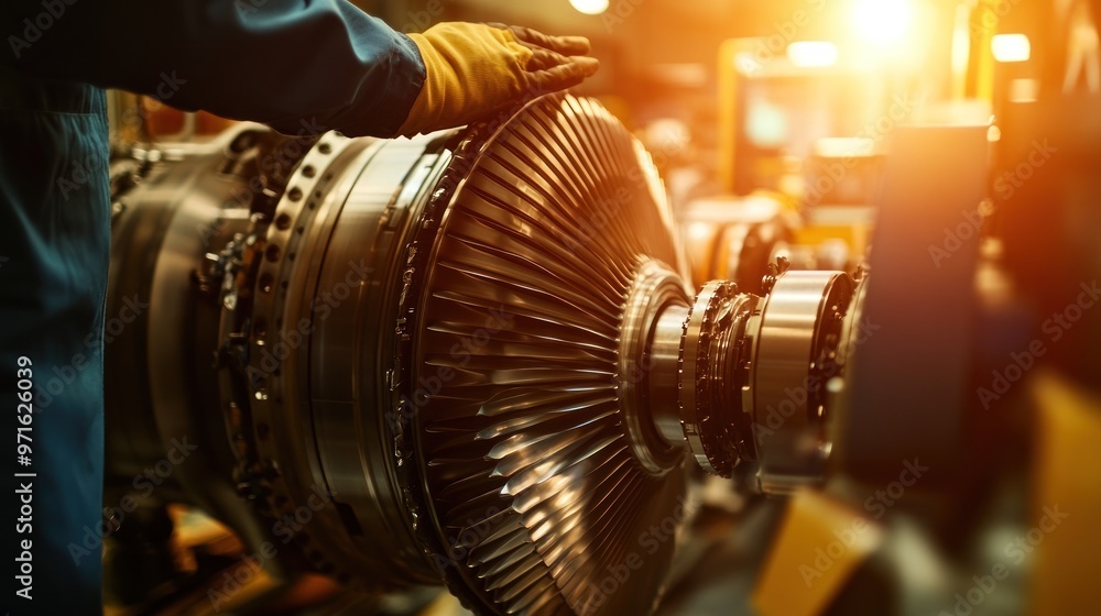 Poster close-up of a turbine engine component being inspected in an industrial setting.