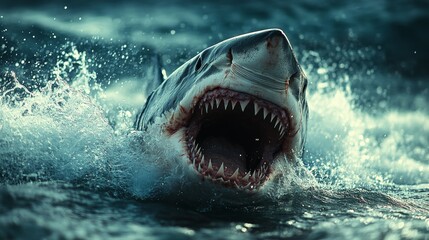 Obraz premium Jaws. A large, ferocious shark emerges powerfully from tumultuous ocean waves.