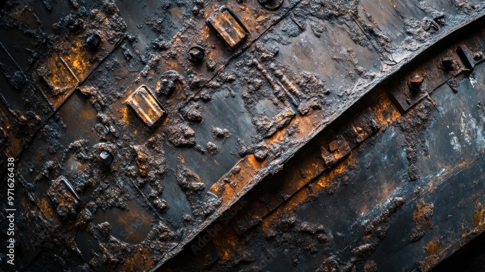 Poster close-up of weathered metal surface with rust and texture details.