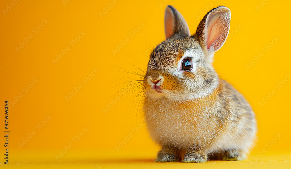 Poster a small rabbit is sitting on a yellow surface. the rabbit has a curious look on its face and he is l