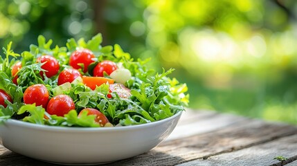   A close-up of a bowl containing tomatoes and lettuce sits atop a wooden table surrounded by trees in the backdrop