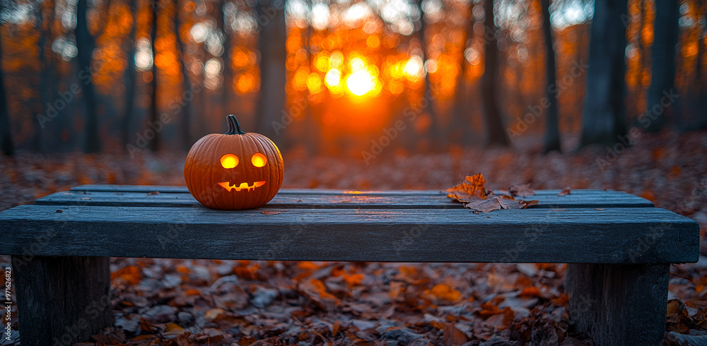Poster a pumpkin with a scary face is sitting on a bench in a forest. the sun is setting in the background,