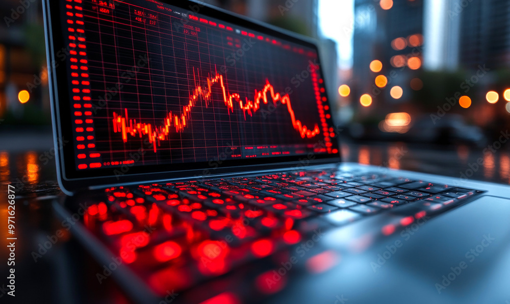 Poster a laptop screen shows a graph with red lines and a downward trend. concept of financial instability 