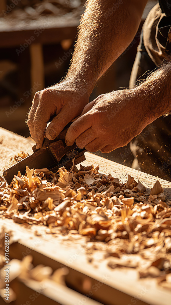 Poster woodworker using block plane to smooth plank of wood, creating shavings