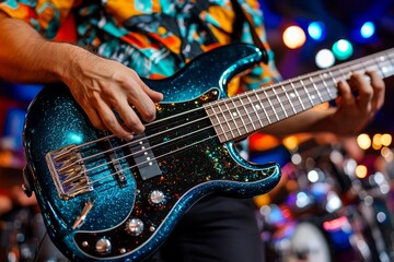 Naklejka premium A husky strumming a bass guitar, adding depth to a band's sound during a live rock concert