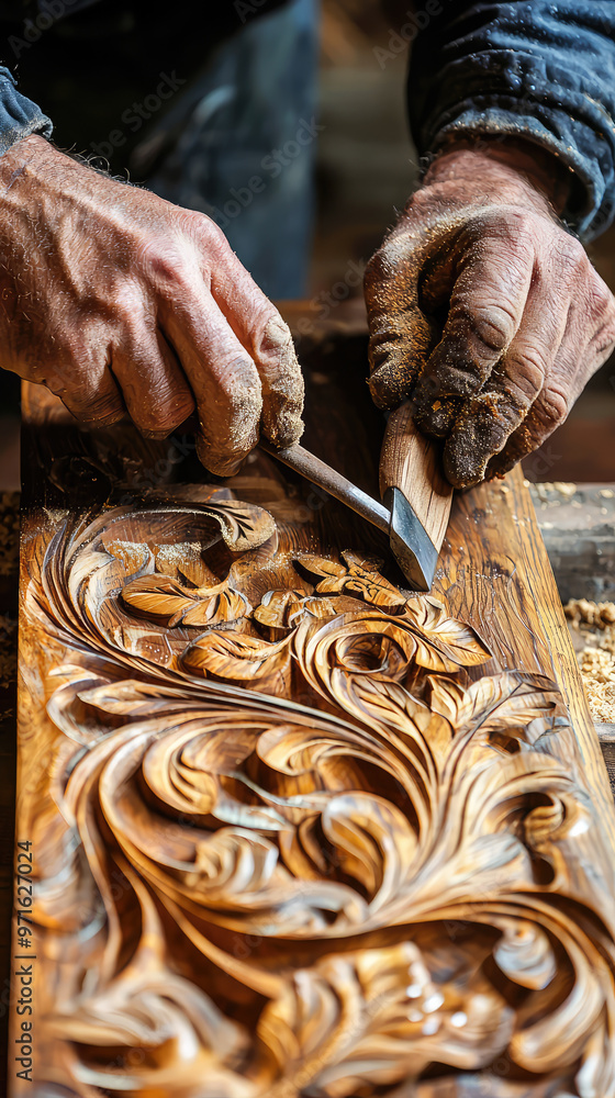Poster woodworker using chisel to carve decorative design with skill and precision