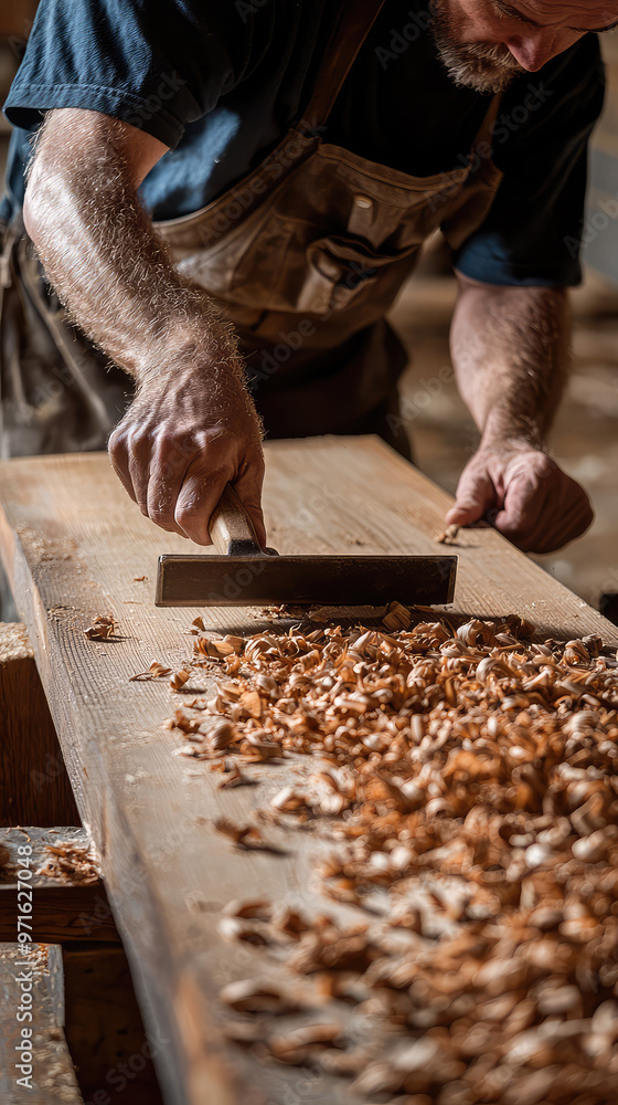 Poster woodworker using block plane to smooth plank of wood, creating shavings