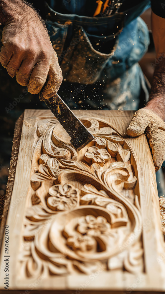 Poster woodworker using chisel to carve decorative design with precision