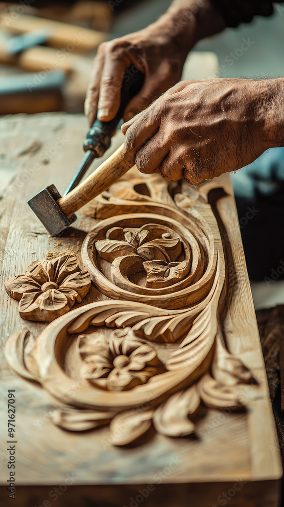 Poster woodworker using chisel to carve decorative design with skill and precision