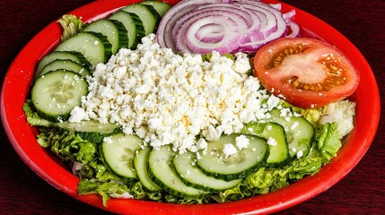   Close-up image of cucumber, tomato, onion, and feta cheese on a plate of food