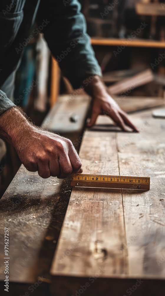 Poster woodworker using measuring square for precision in woodworking