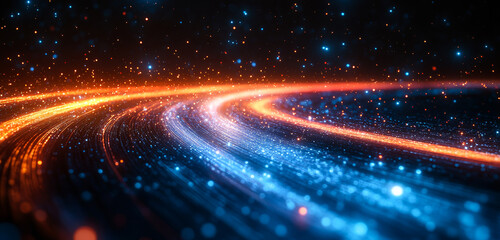 Fototapeta premium A bright blue and orange line of light with many small dots. The line of light is moving and he is in motion