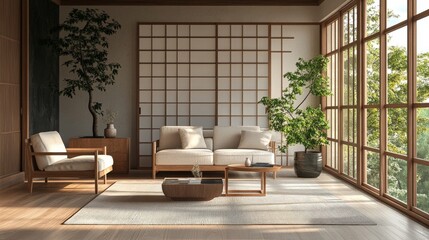 3D render illustration of a modern interior in Japan style design for a living room.	