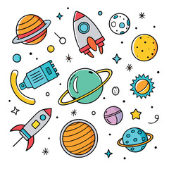 Colorful Outer Space Planets and Spaceships in a Starry Galaxy 