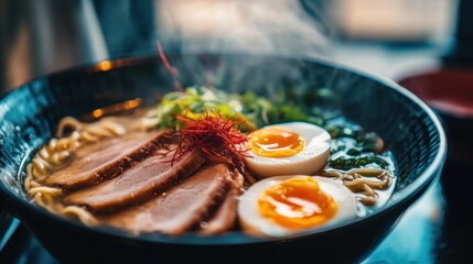 Fototapeta premium A steaming bowl of ramen with sliced meat, soft-boiled eggs, and garnishes.