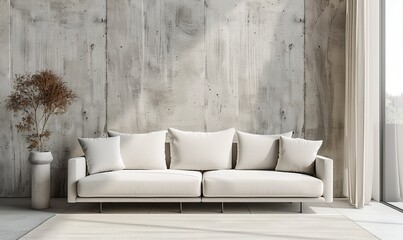 White sofa against concrete paneling wall. Minimalist, loft urban home interior design of modern living room.