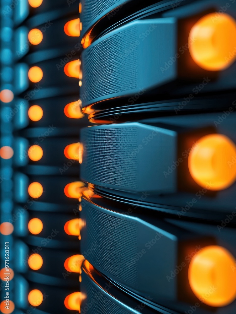 Poster modern server units with glowing orange indicators, showcasing advanced storage technology and data 