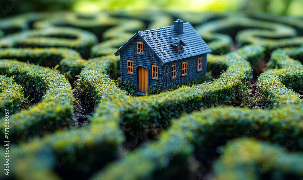 Poster a small house is in a maze of hedges. the house is surrounded by bushes and is the only thing visibl
