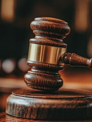 wooden gavel resting on a sound block, symbolizing justice and legal authority in a courtroom setting.