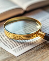 A golden magnifying glass resting on an open book page, highlighting detailed text for research or study purposes.