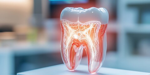 A detailed representation of a human tooth, showcasing its inner structure, including pulp and nerves in a vibrant, educational style.