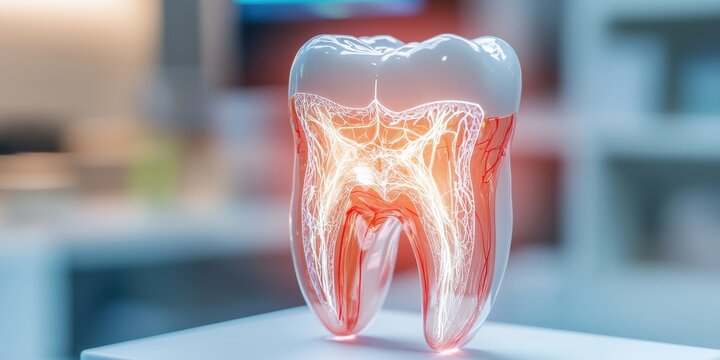 A detailed representation of a human tooth, showcasing its inner structure, including pulp and nerves in a vibrant, educational style.