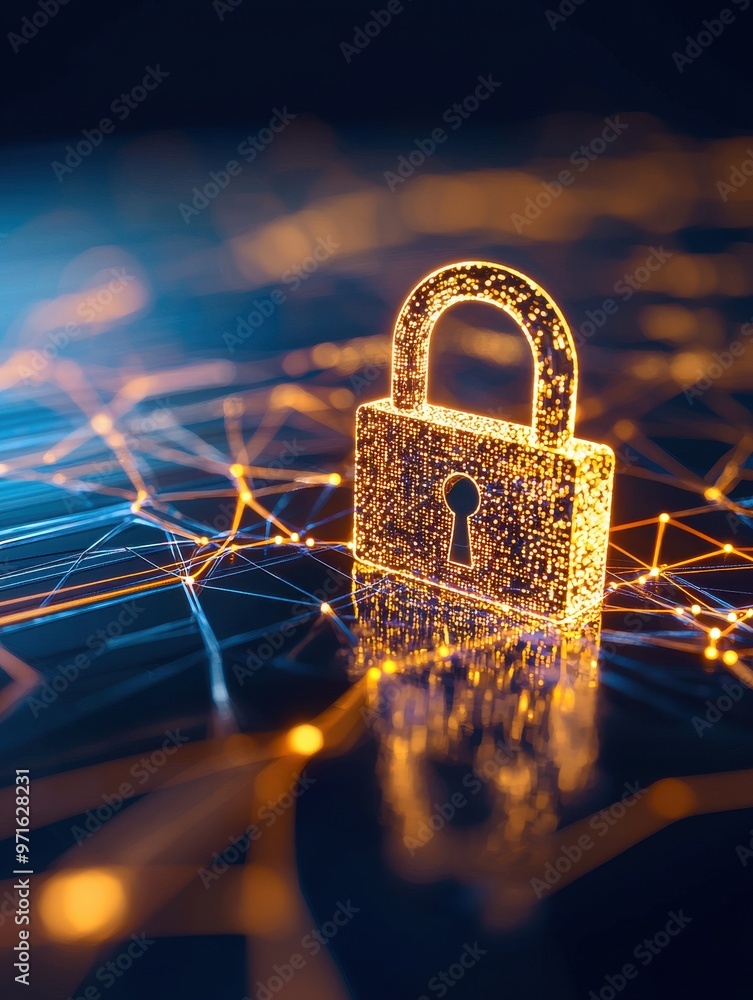 Poster a glowing digital lock symbolizing cybersecurity and data protection in a connected world of technol