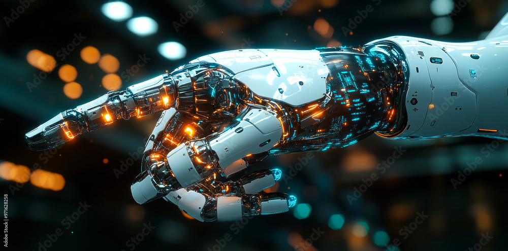 Poster a robot hand pointing to something. the robot hand is made of metal and has a futuristic look to it