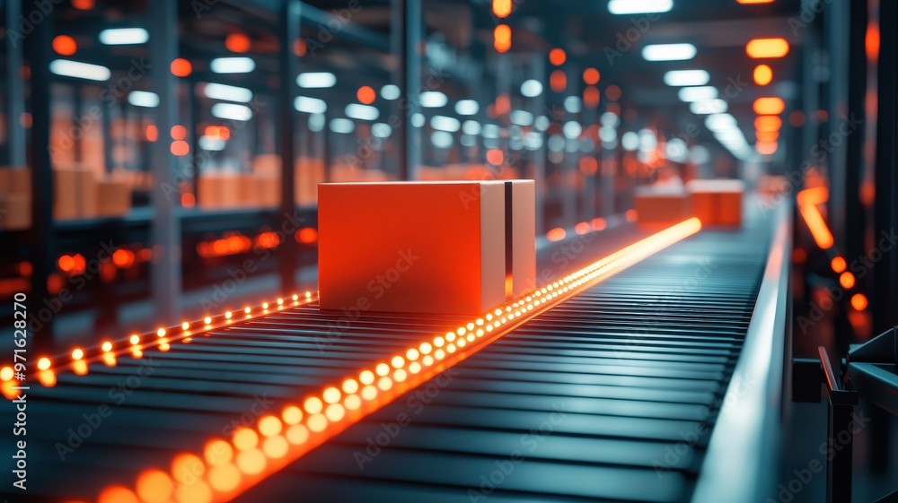 Poster a vibrant conveyor system transporting boxes in a modern warehouse, showcasing efficient logistics a