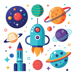 Colorful Outer Space Planets and Spaceships in a Starry Galaxy 