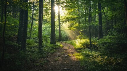 Obraz premium Sunbeams Through a Forest Path