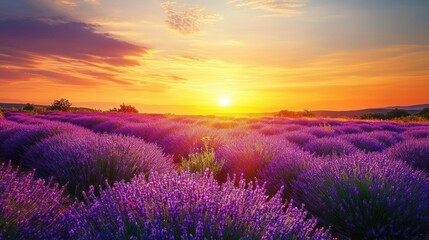 A vibrant lavender field at sunset, showcasing nature's beauty and tranquility.