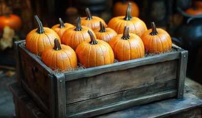 A wooden crate filled with pumpkins. The pumpkins are orange and have a stem