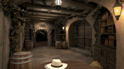 Obraz premium Two brown horses stand in a wooden stall of a Western-themed barn, with a cowboy hat and barrels flanking the door, surrounded by green vines and a warm light