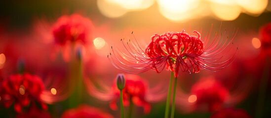 Obraz premium A close up of a red flower with a blurry background. The flower is surrounded by other red flowers, creating a vibrant and colorful scene. Concept of beauty and tranquility